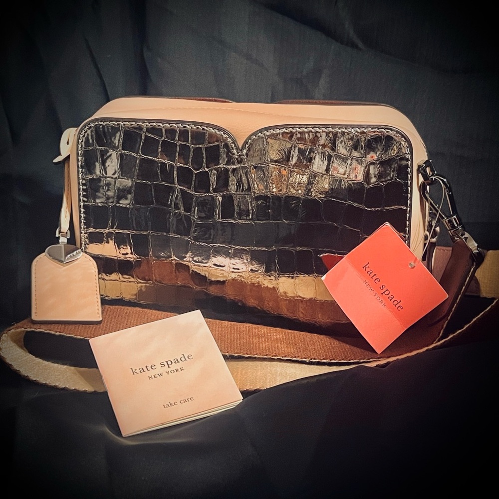 Kate Spade Candid Metallic Croc-Embossed Medium Camera Bag in Gunmetal NWT